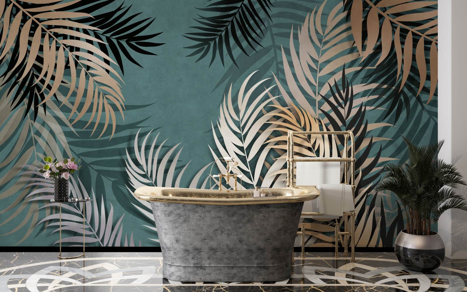 Papier peint fougère dorée la nuit