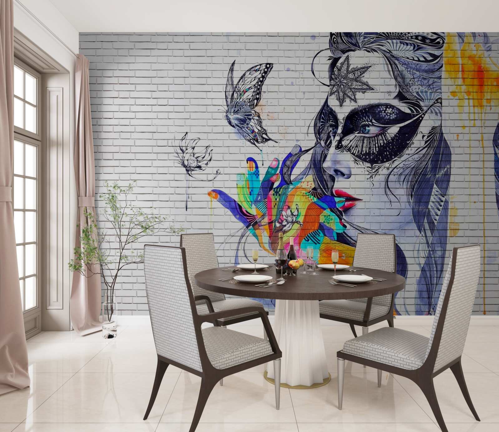 Papier peint image d'une fille portant un masque dans un style abstrait