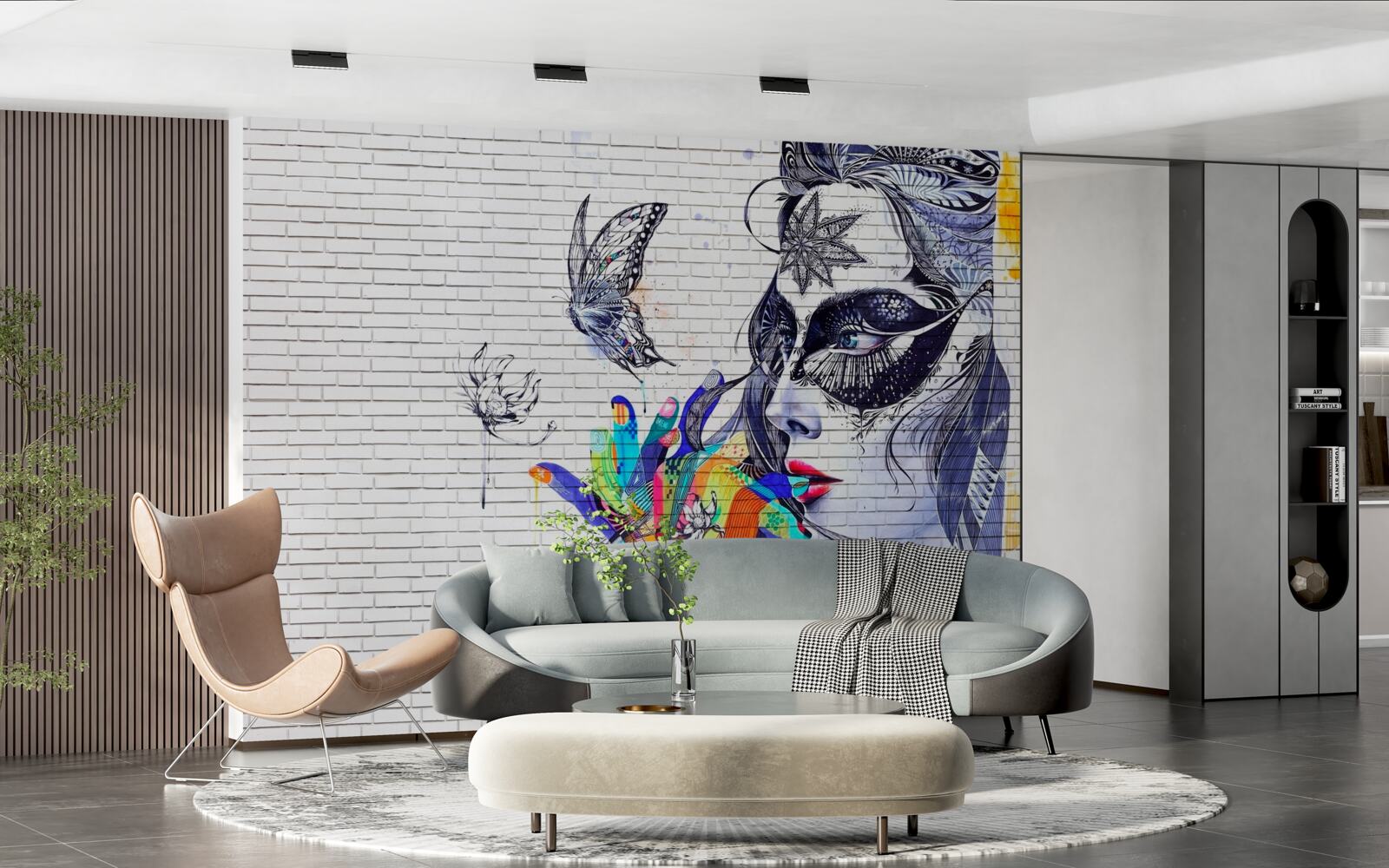 Papier peint image d'une fille portant un masque dans un style abstrait