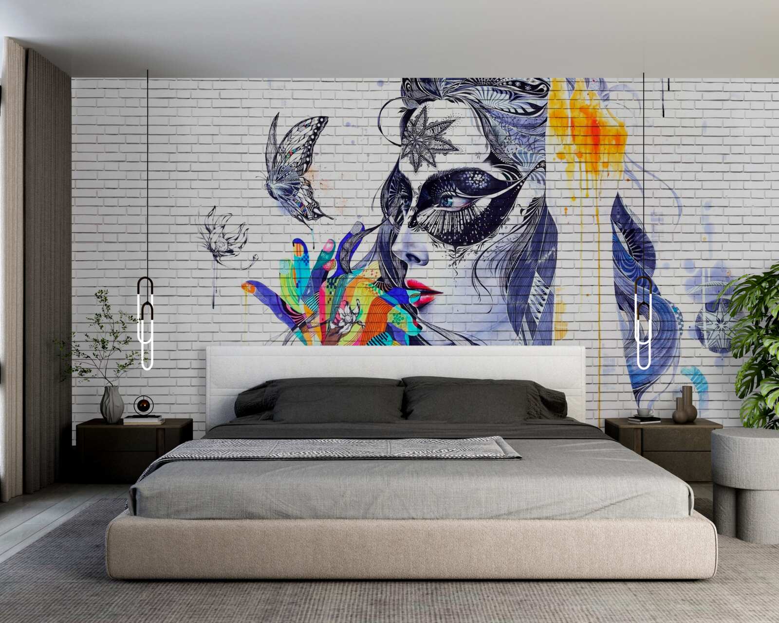 Papier peint image d'une fille portant un masque dans un style abstrait