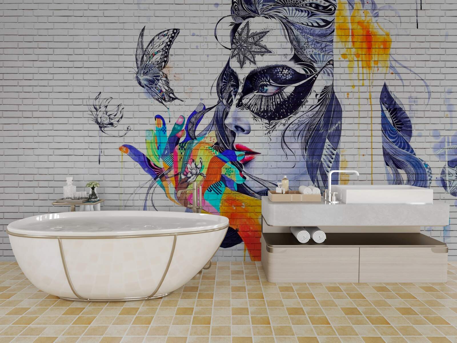 Papier peint image d'une fille portant un masque dans un style abstrait