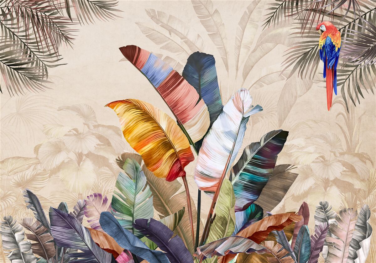 Papier peint Feuilles tropicales aux couleurs riches et perroquet