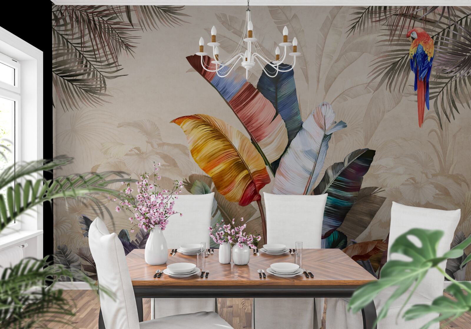 Papier peint Feuilles tropicales aux couleurs riches et perroquet