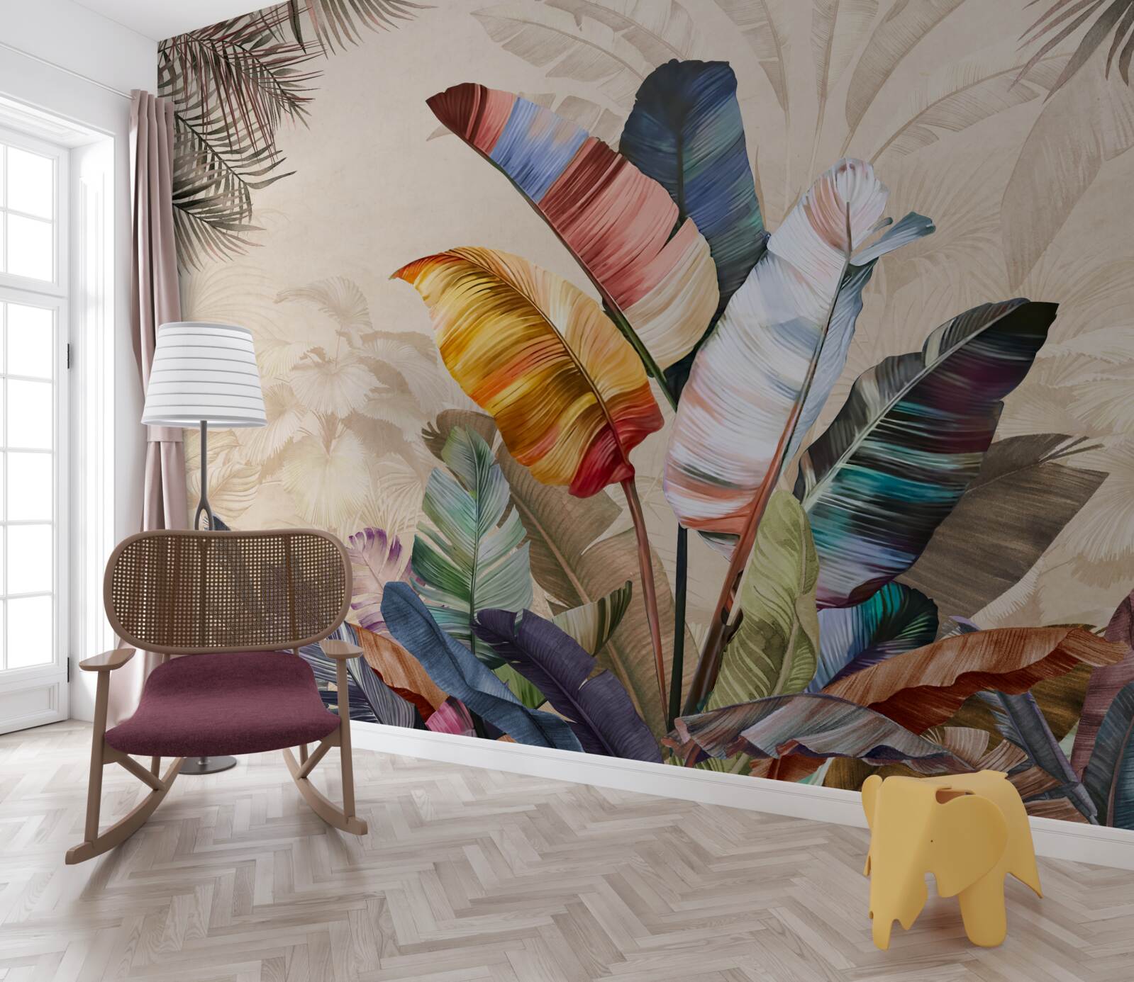 Papier peint Feuilles tropicales aux couleurs riches et perroquet