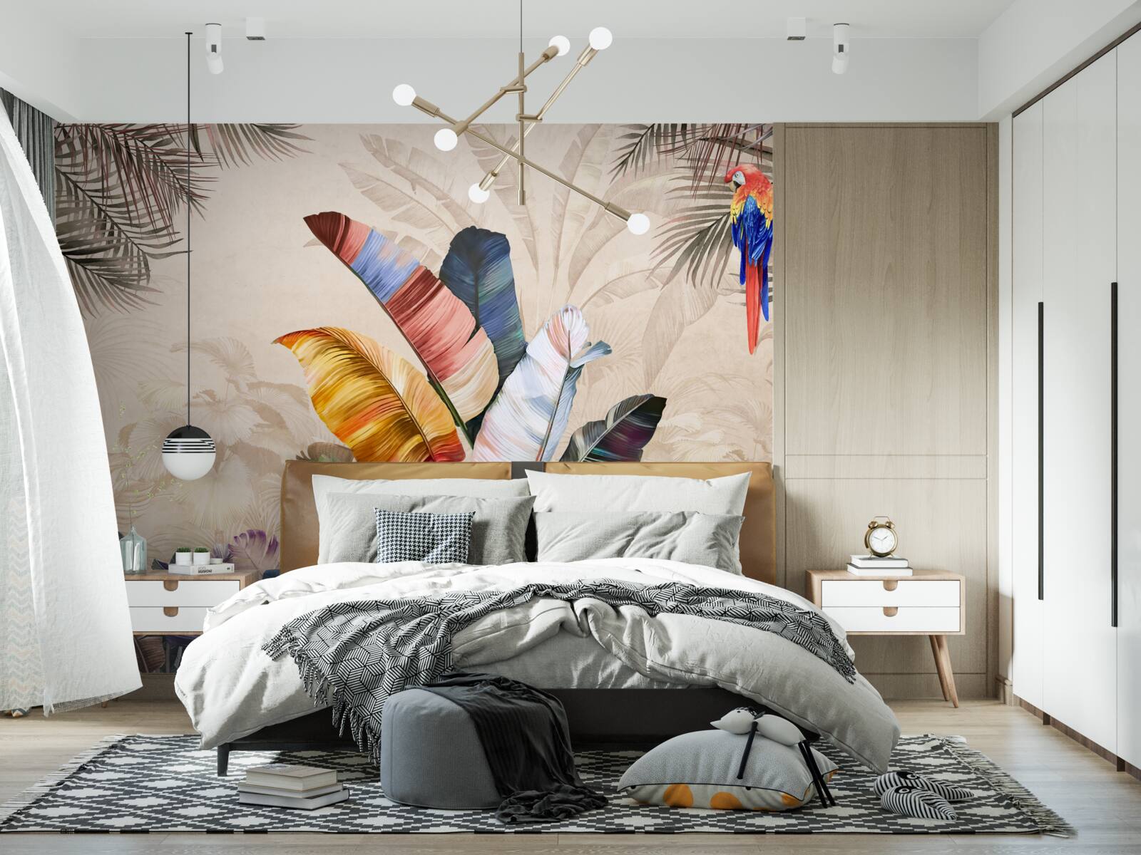 Papier peint Feuilles tropicales aux couleurs riches et perroquet