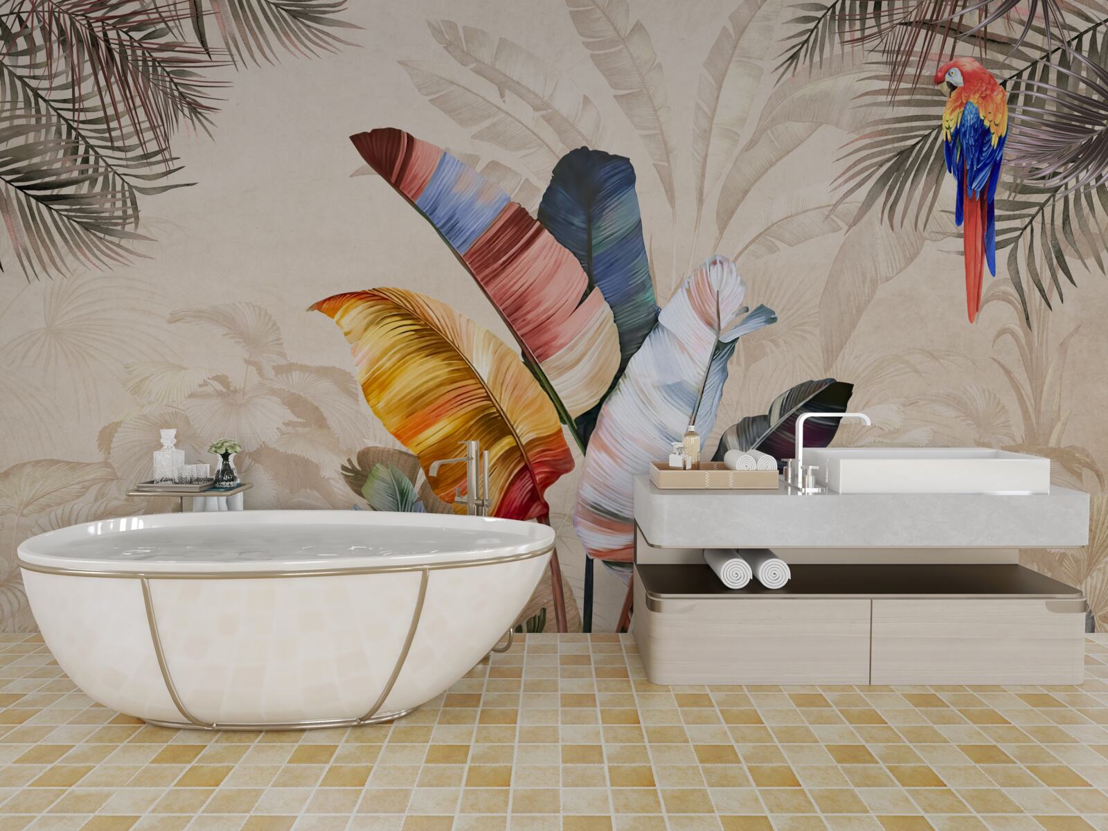 Papier peint Feuilles tropicales aux couleurs riches et perroquet