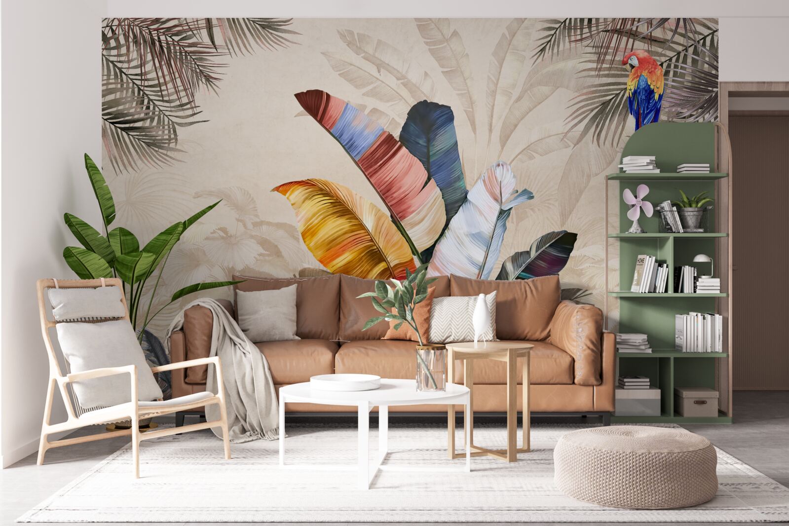 Papier peint Feuilles tropicales aux couleurs riches et perroquet