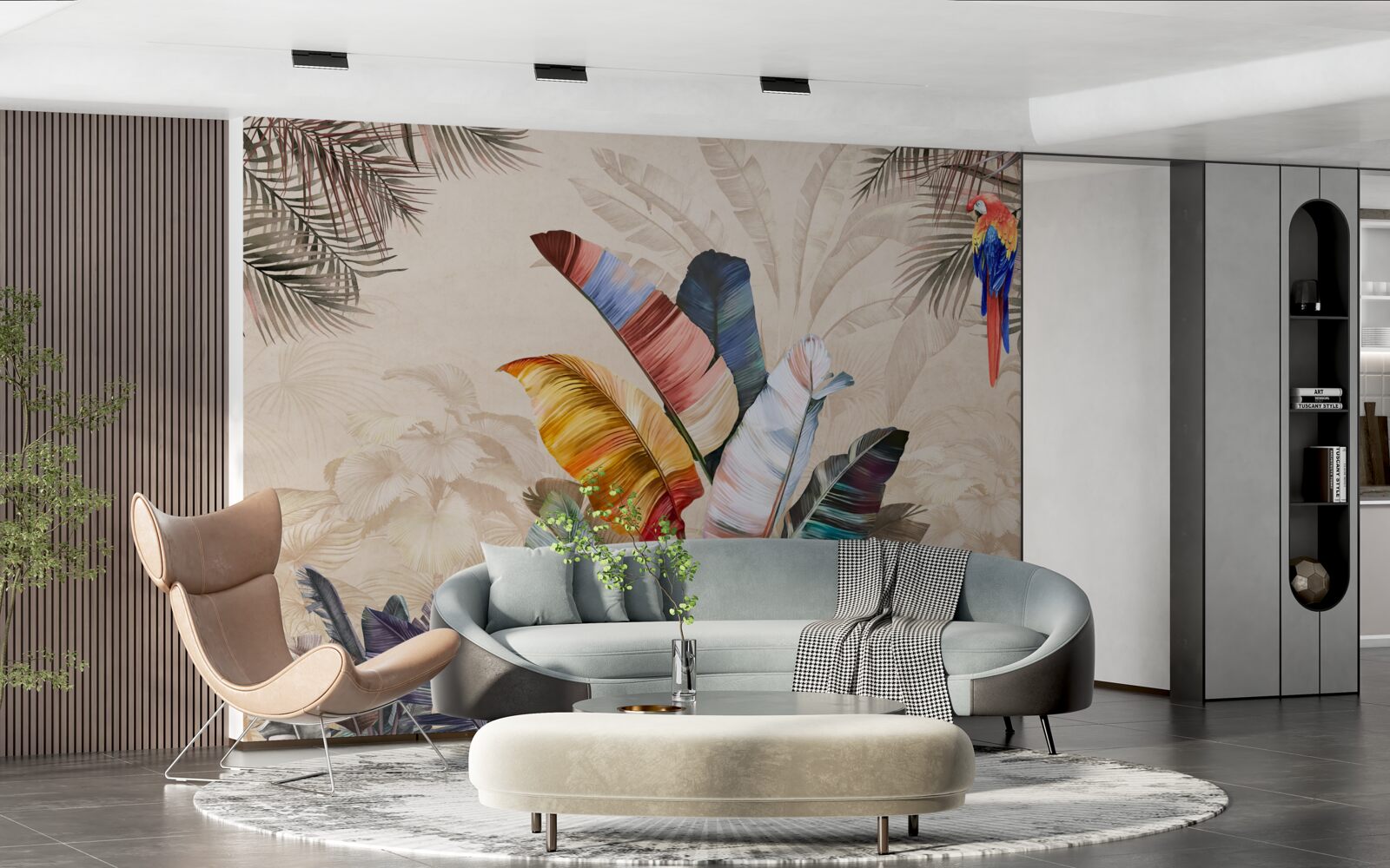 Papier peint Feuilles tropicales aux couleurs riches et perroquet