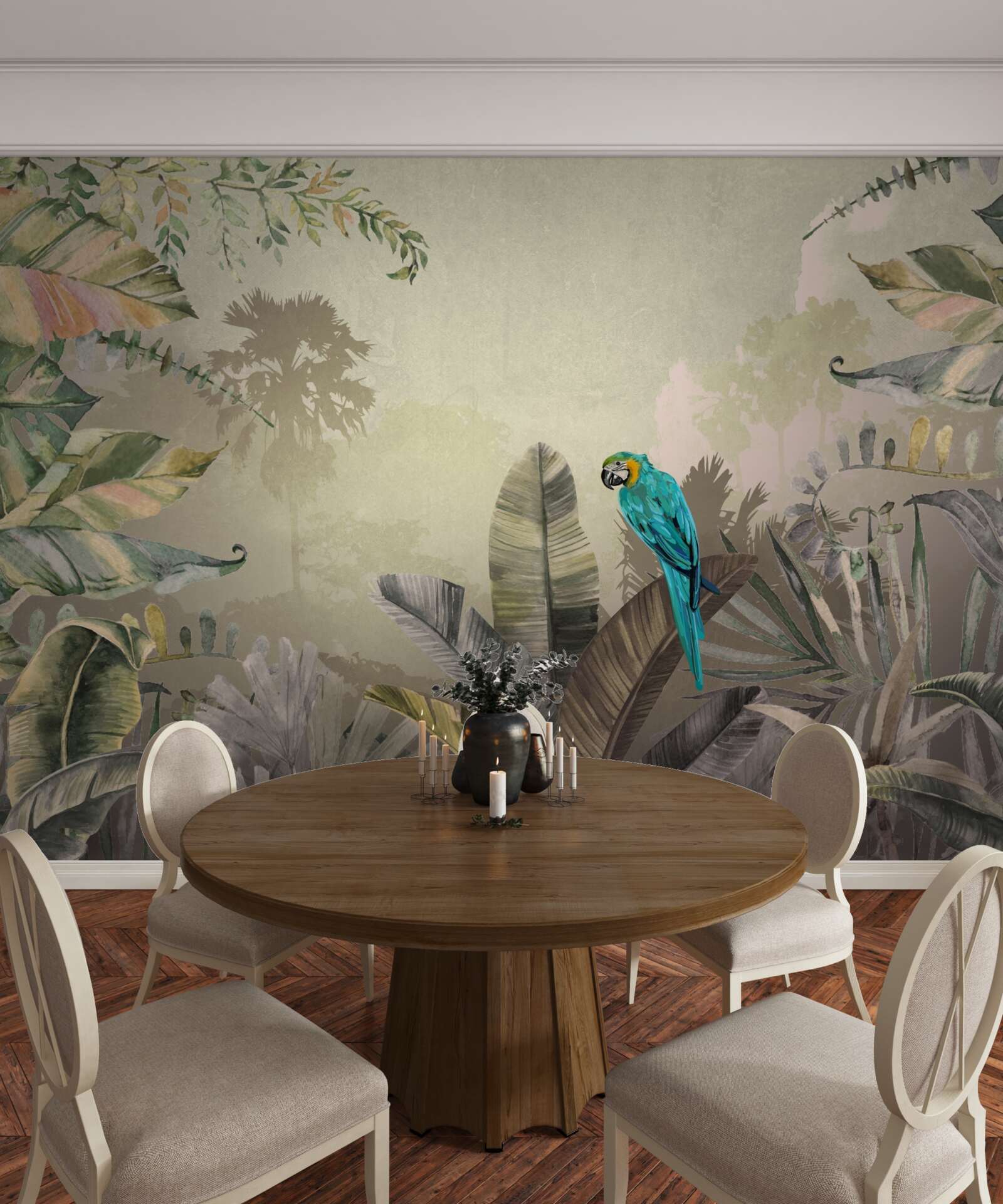 Papier peint perroquet lumineux parmi la verdure tropicale