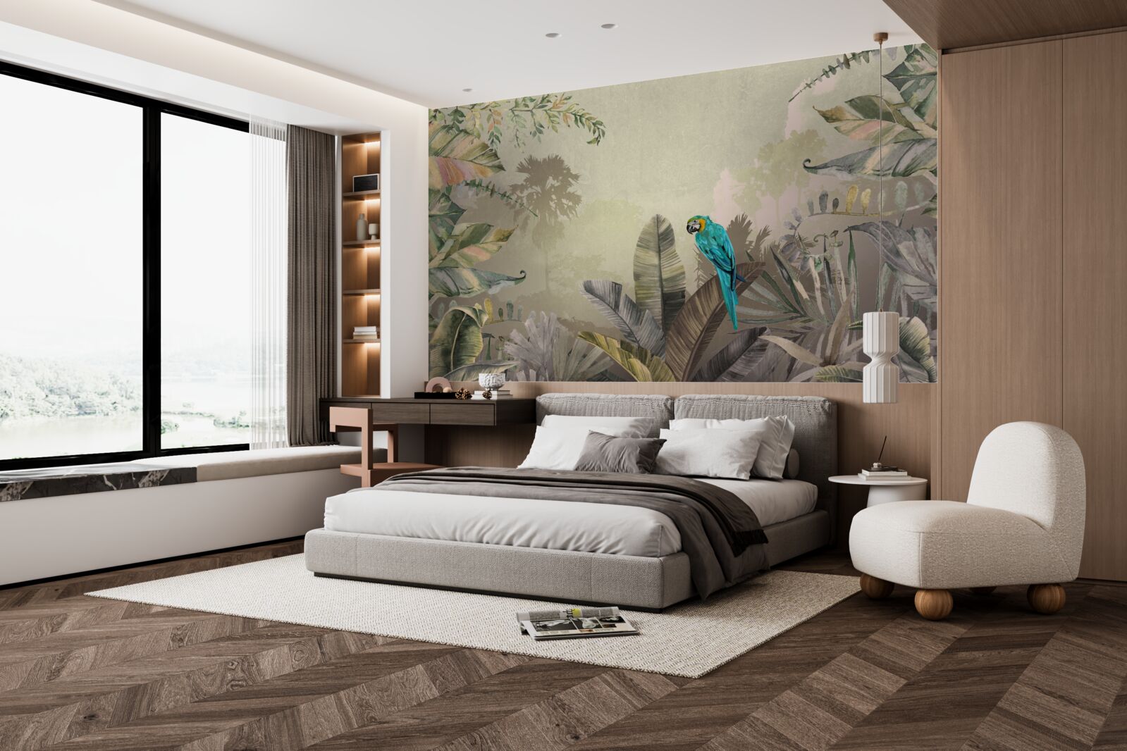 Papier peint perroquet lumineux parmi la verdure tropicale