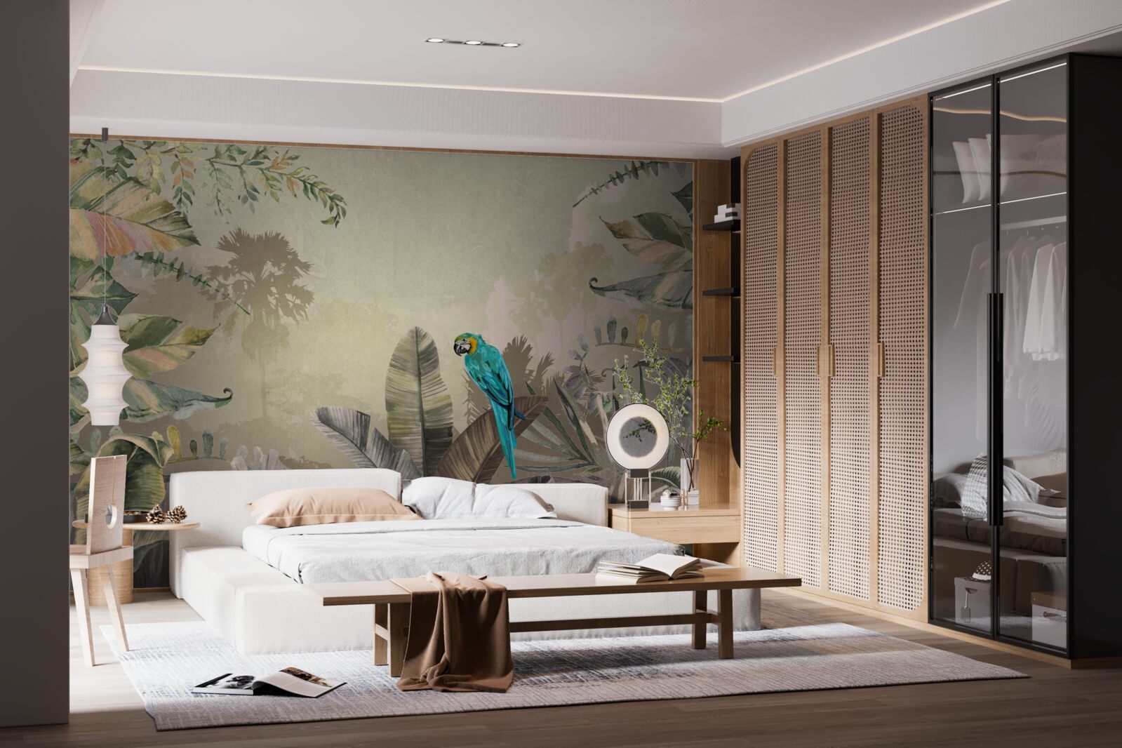 Papier peint perroquet lumineux parmi la verdure tropicale