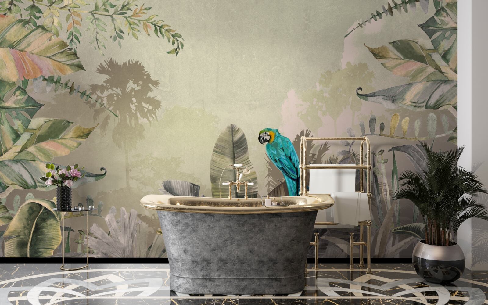 Papier peint perroquet lumineux parmi la verdure tropicale