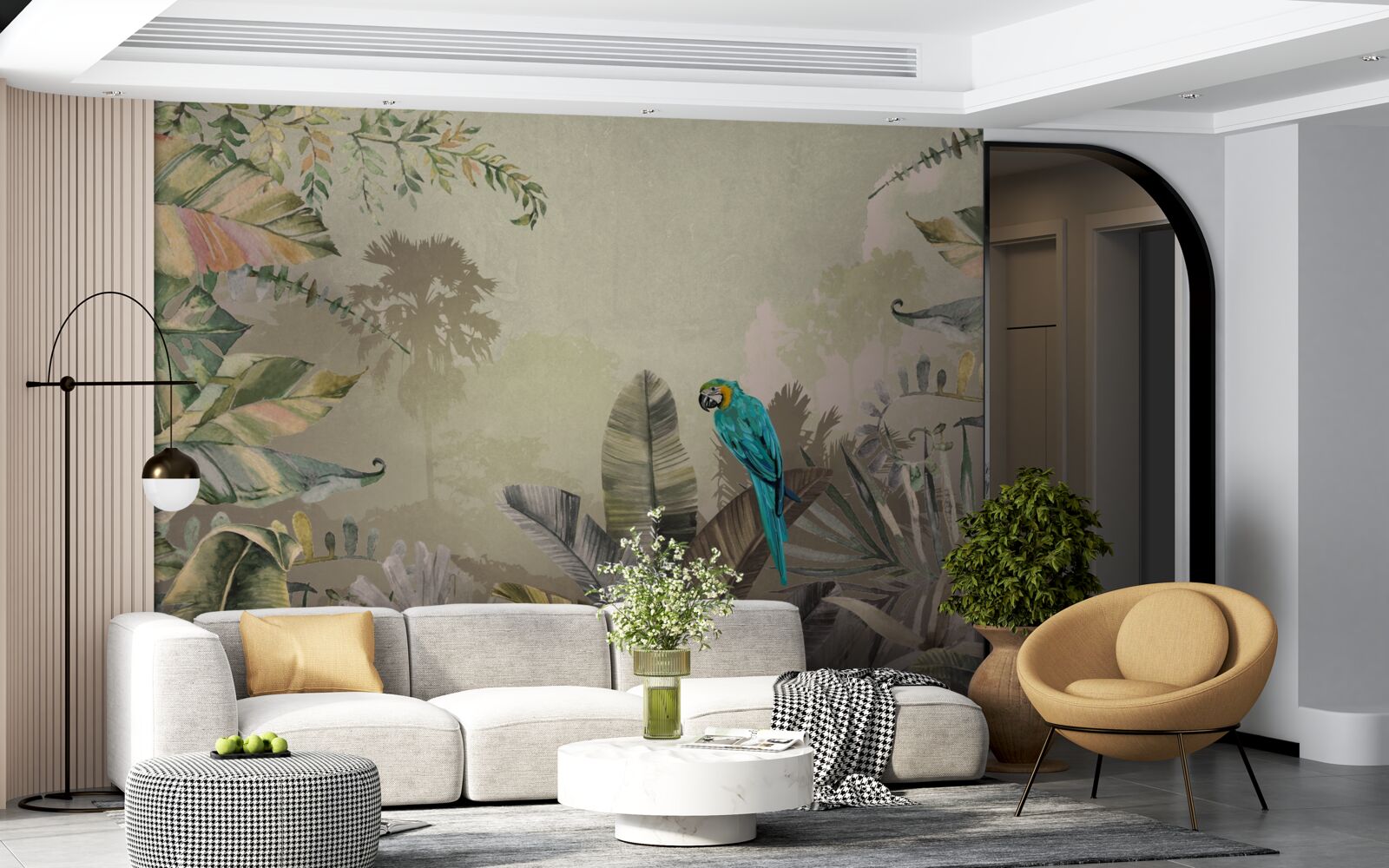 Papier peint perroquet lumineux parmi la verdure tropicale