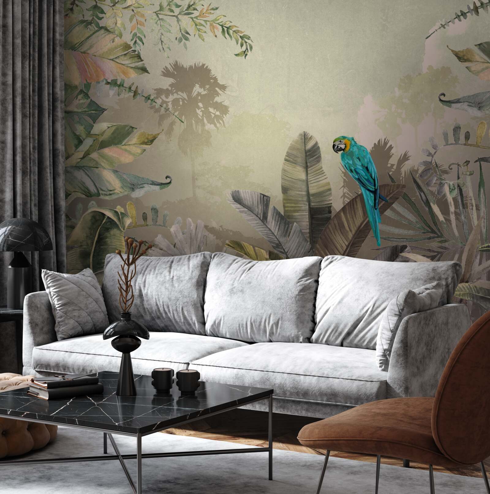 Papier peint perroquet lumineux parmi la verdure tropicale