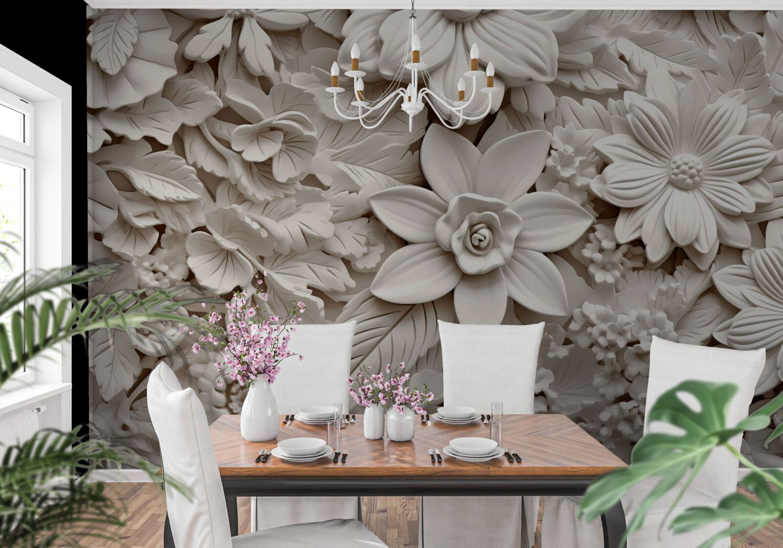 Papier peint composition florale en plâtre