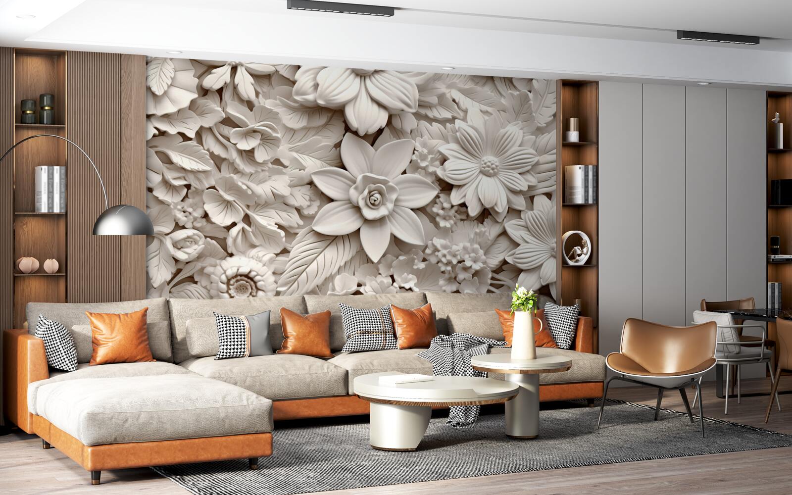 Papier peint composition florale en plâtre