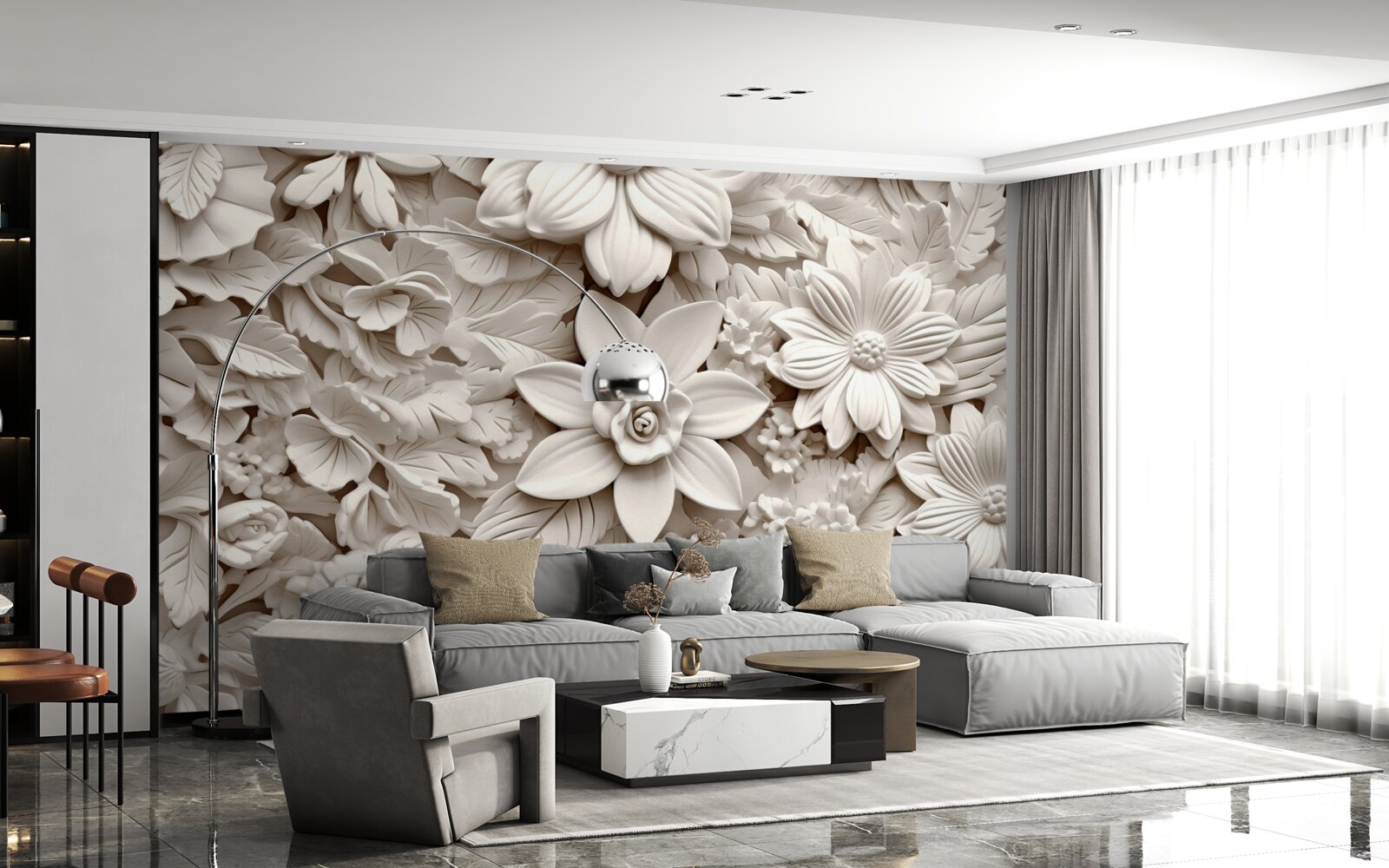 Papier peint composition florale en plâtre