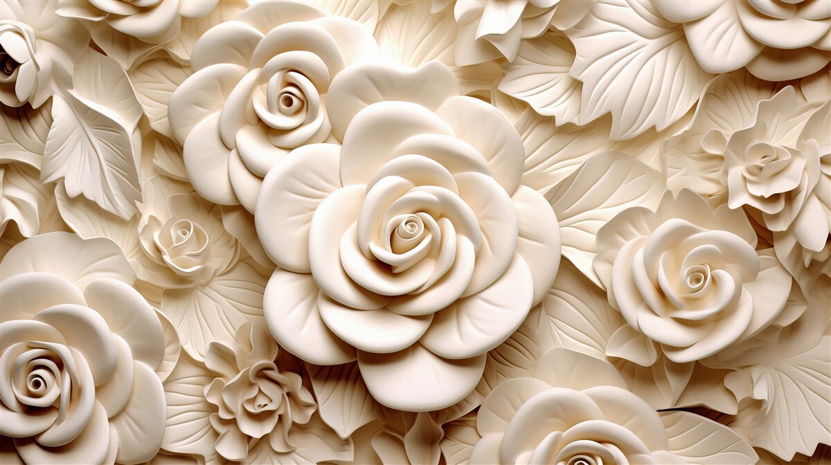 Papier peint grandes roses de gypse dans des tons clairs