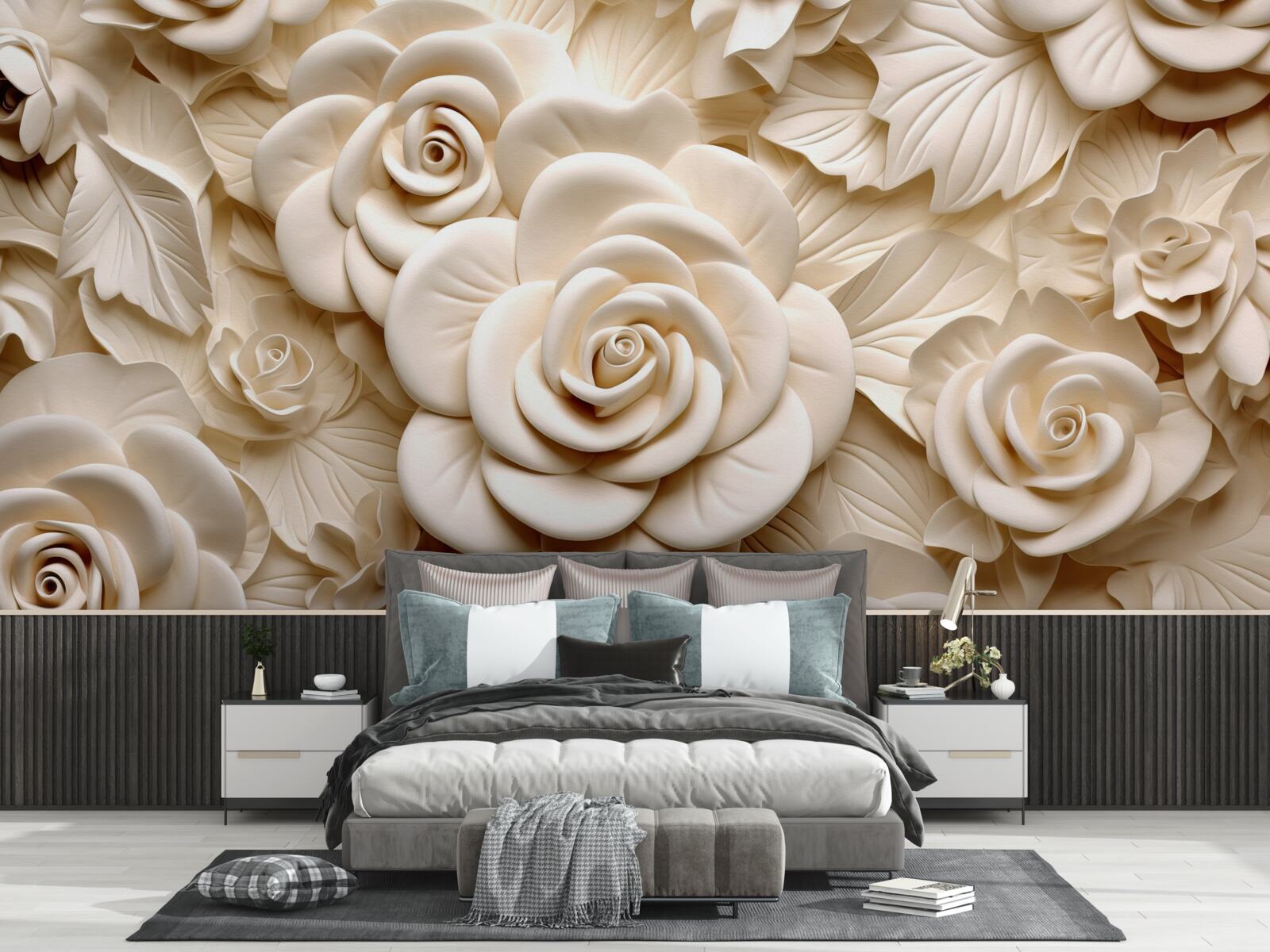 Papier peint grandes roses de gypse dans des tons clairs