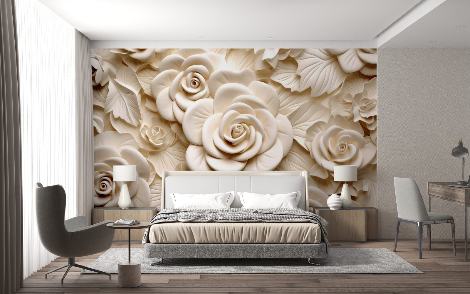 Papier peint grandes roses de gypse dans des tons clairs