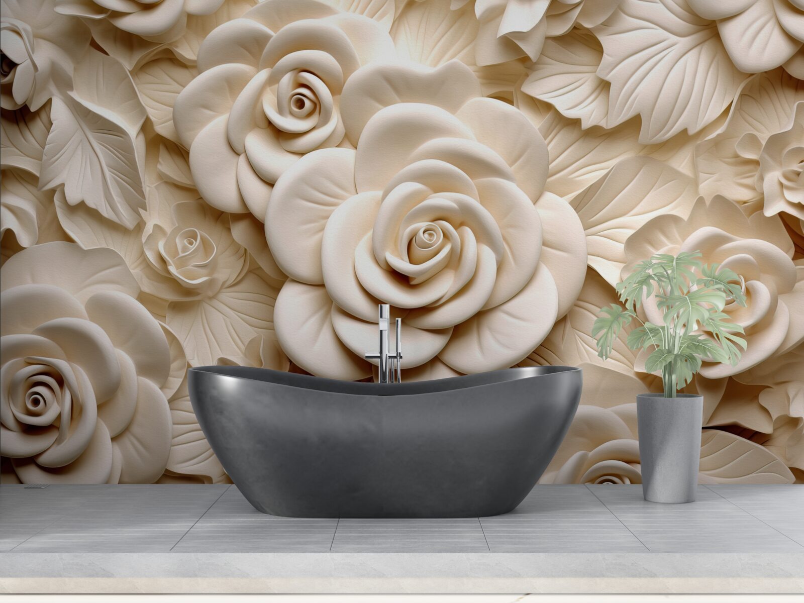 Papier peint grandes roses de gypse dans des tons clairs