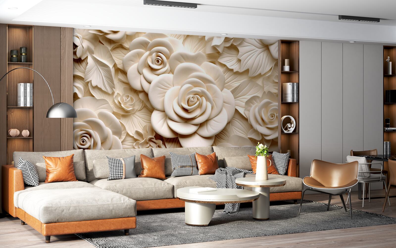 Papier peint grandes roses de gypse dans des tons clairs