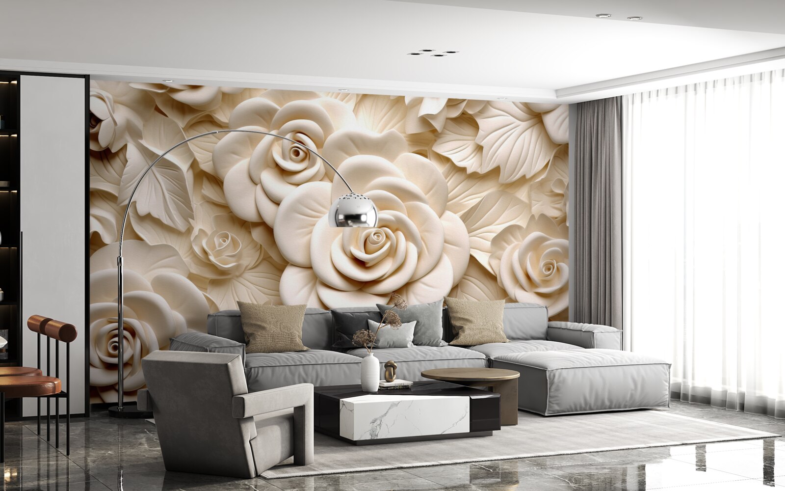 Papier peint grandes roses de gypse dans des tons clairs