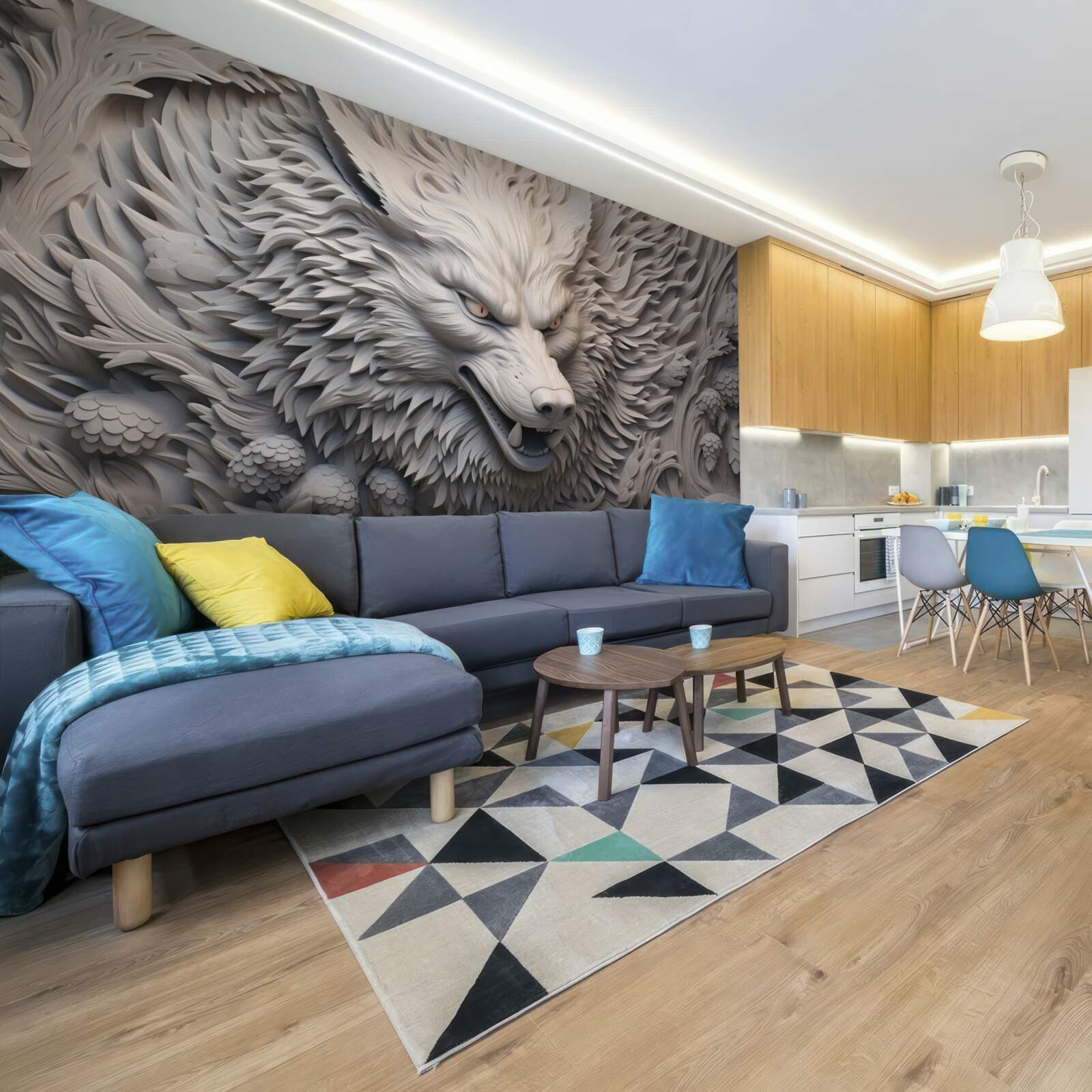 Papier peint le puissant rugissement du loup crée une image aux multiples facettes