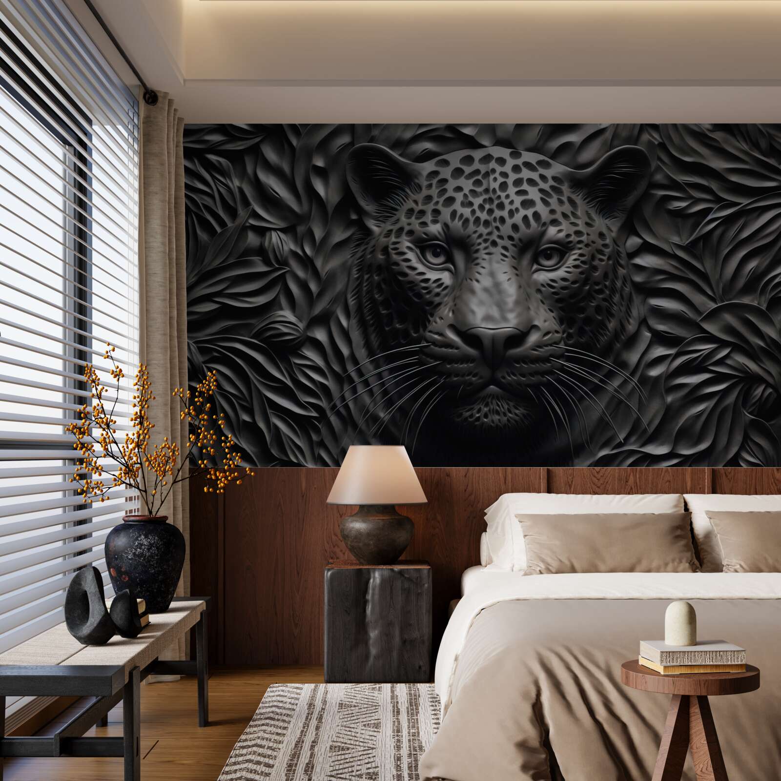 Papier peint tigre noir sur un arbre de taille impressionnante