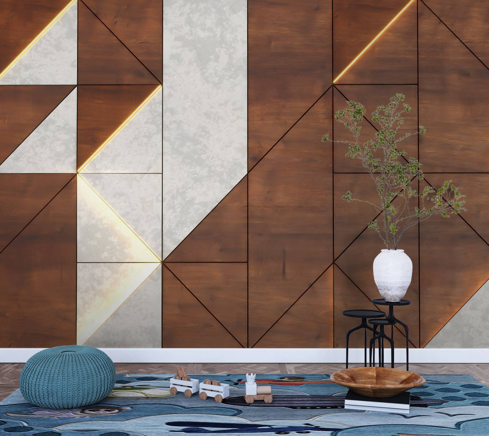 Papier peint formes géométriques sur un sol en bois