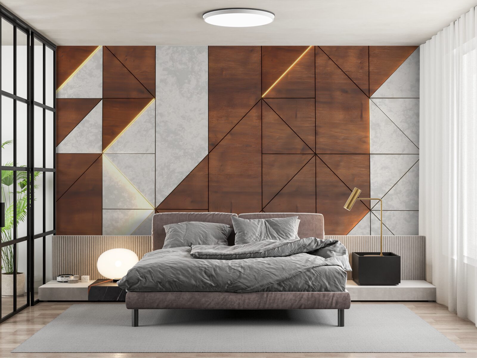 Papier peint formes géométriques sur un sol en bois