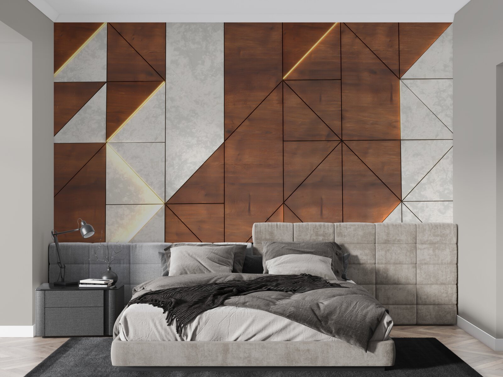 Papier peint formes géométriques sur un sol en bois