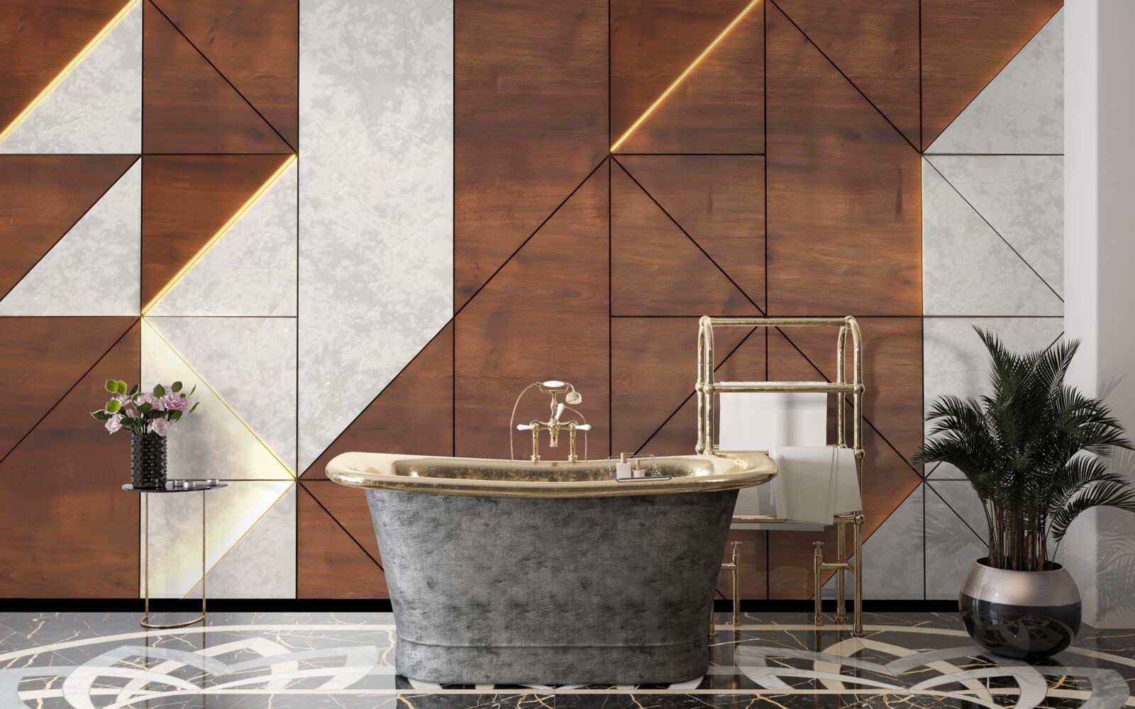 Papier peint formes géométriques sur un sol en bois