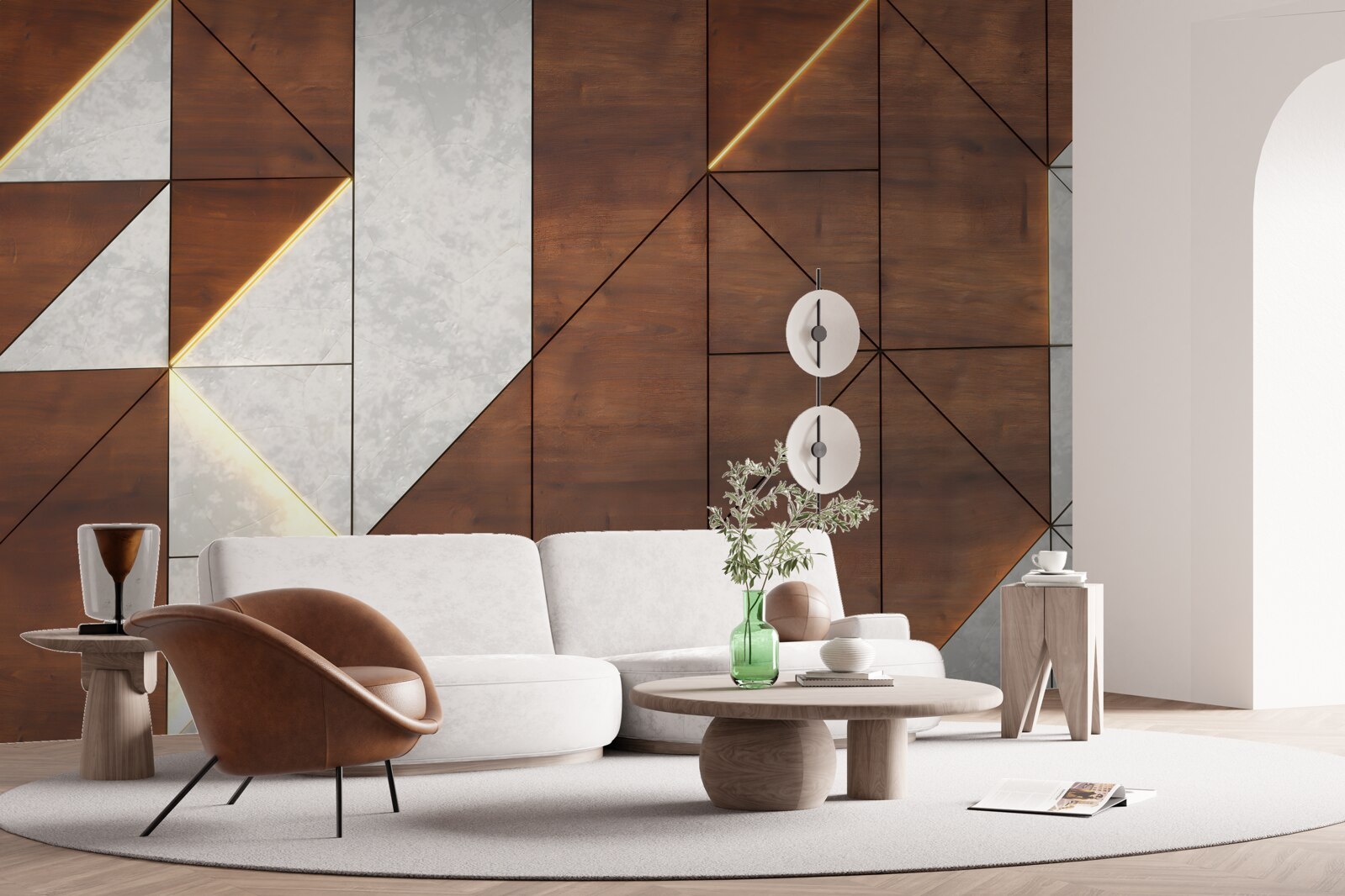 Papier peint formes géométriques sur un sol en bois