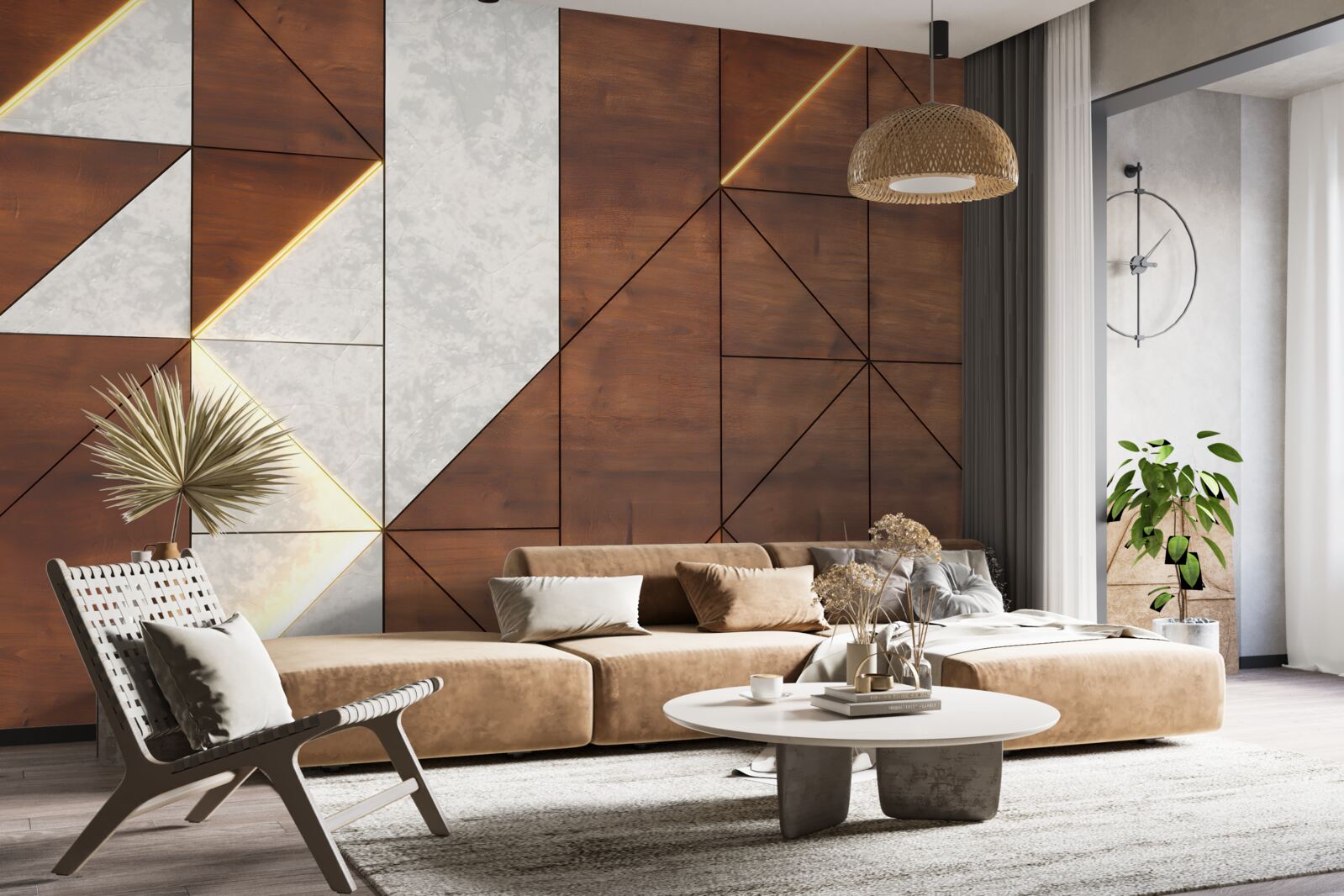 Papier peint formes géométriques sur un sol en bois