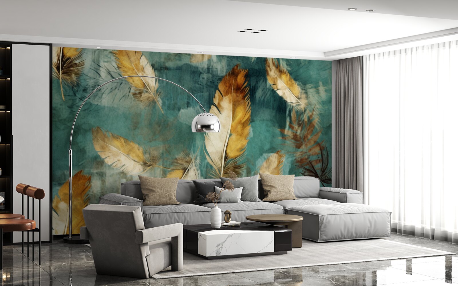 Papier peint feuilles abstraites dorées