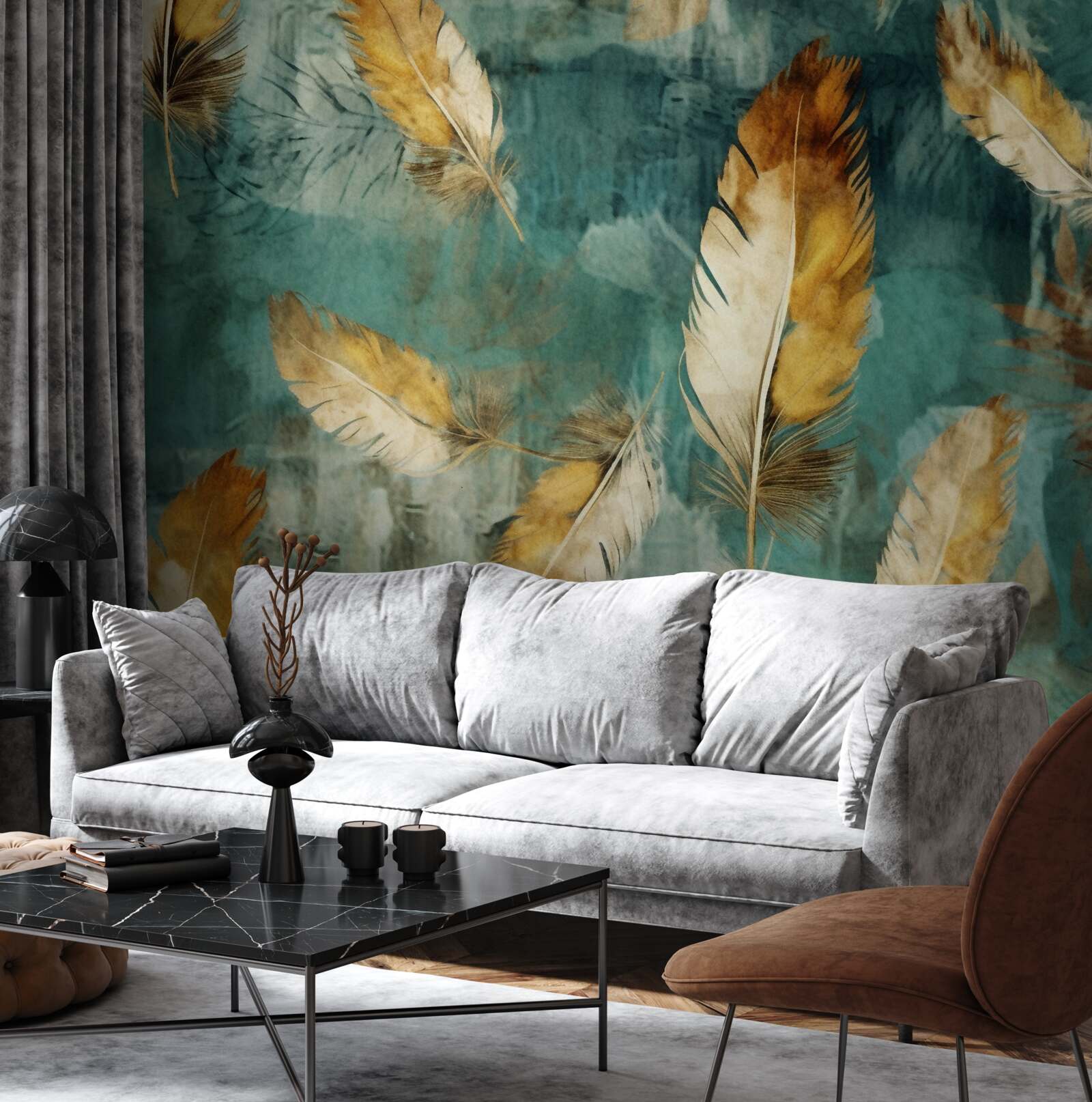 Papier peint feuilles abstraites dorées