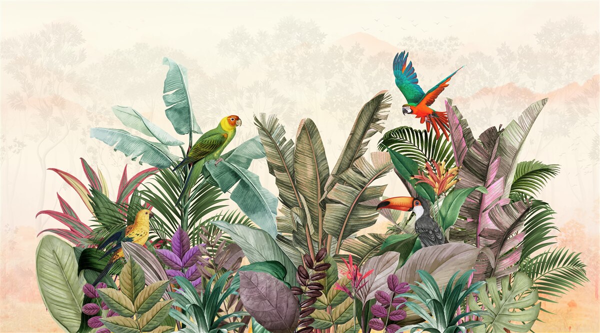 Papier peint feuilles tropicales décorées d'oiseaux