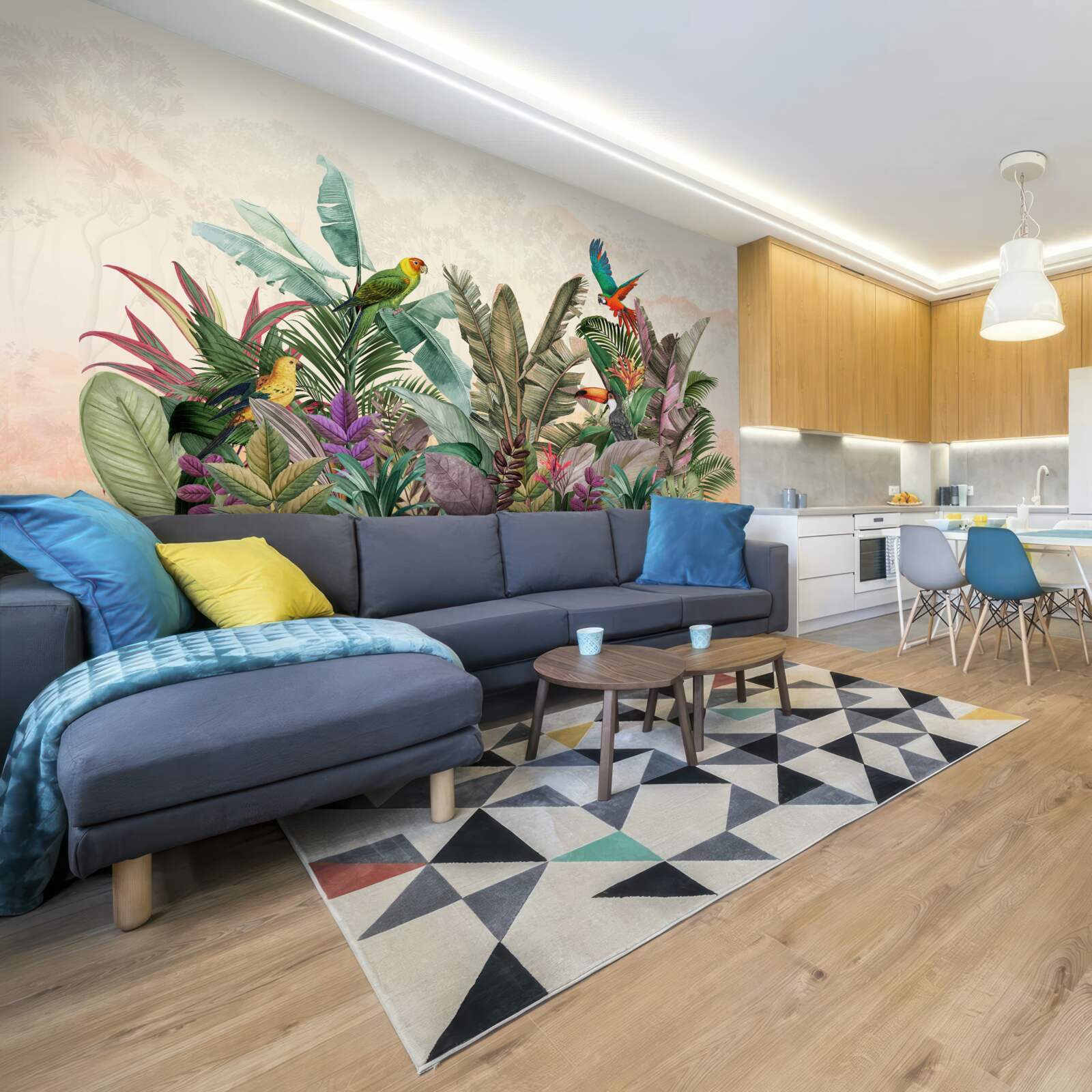 Papier peint feuilles tropicales décorées d'oiseaux