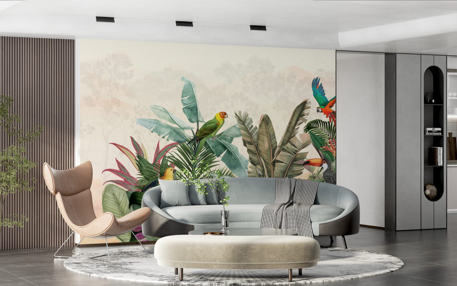 Papier peint feuilles tropicales décorées d'oiseaux