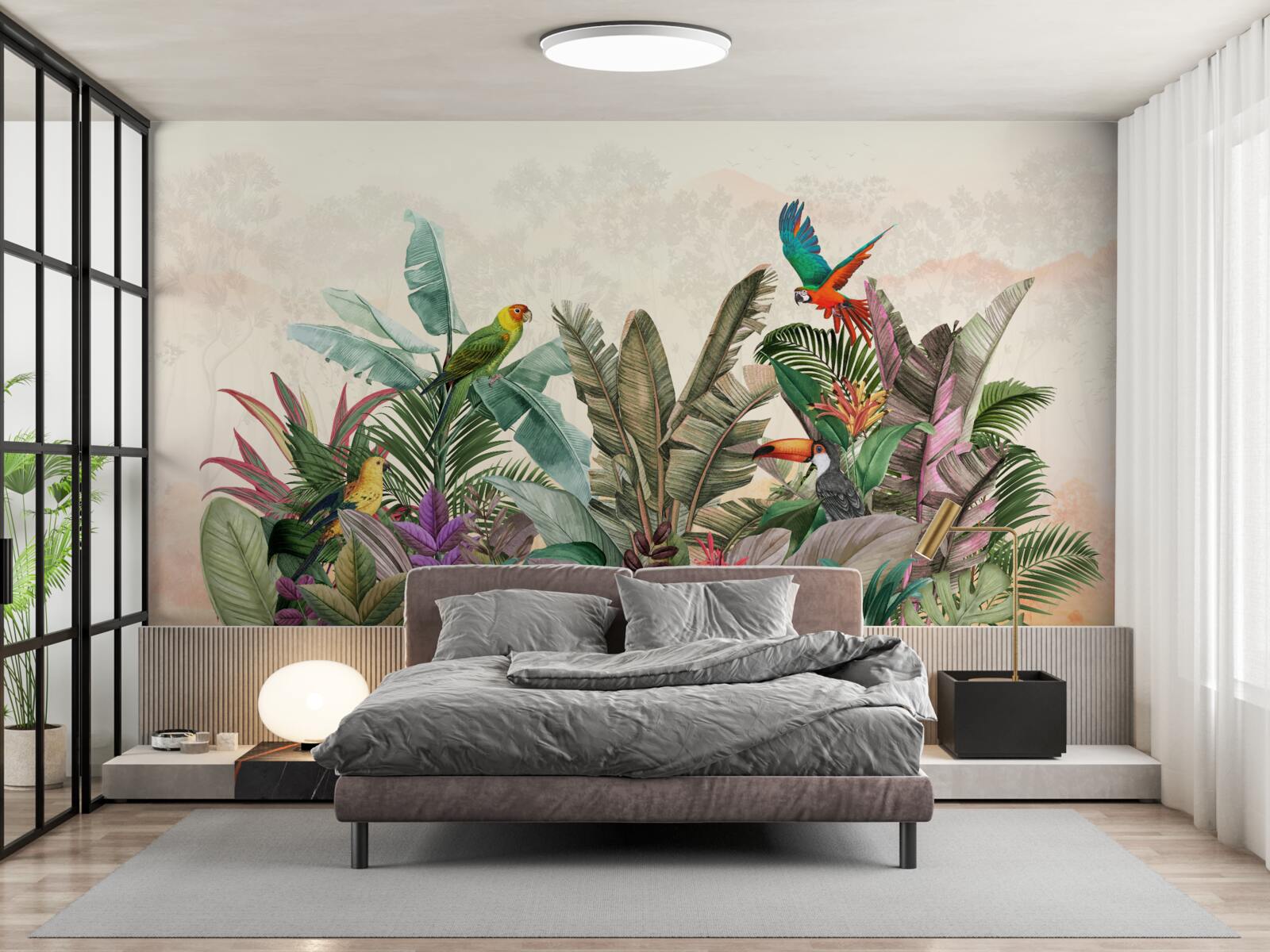 Papier peint feuilles tropicales décorées d'oiseaux