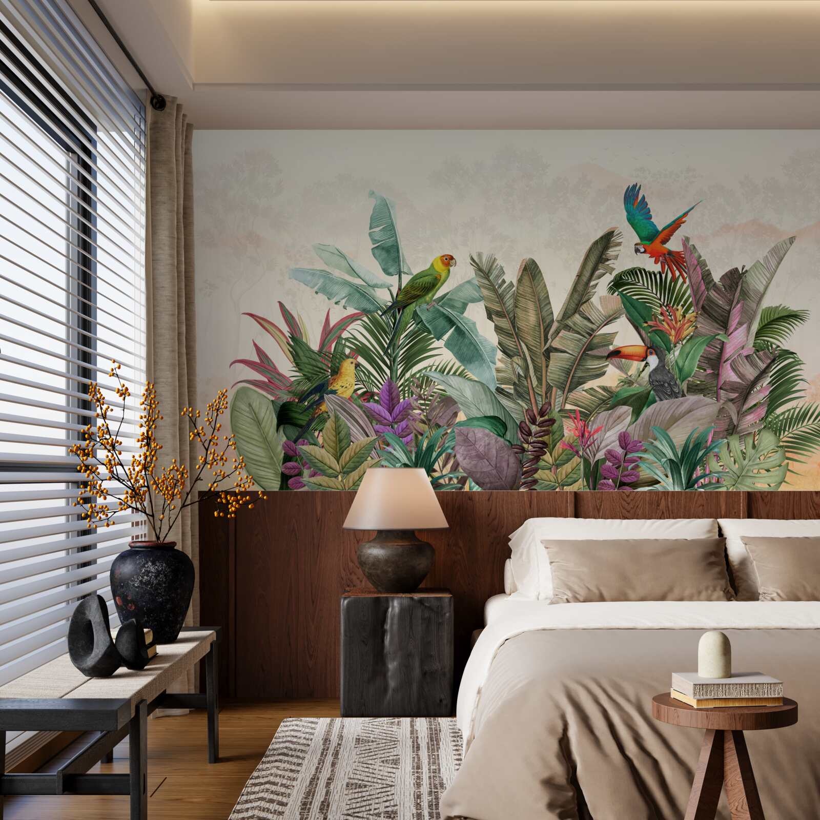 Papier peint feuilles tropicales décorées d'oiseaux