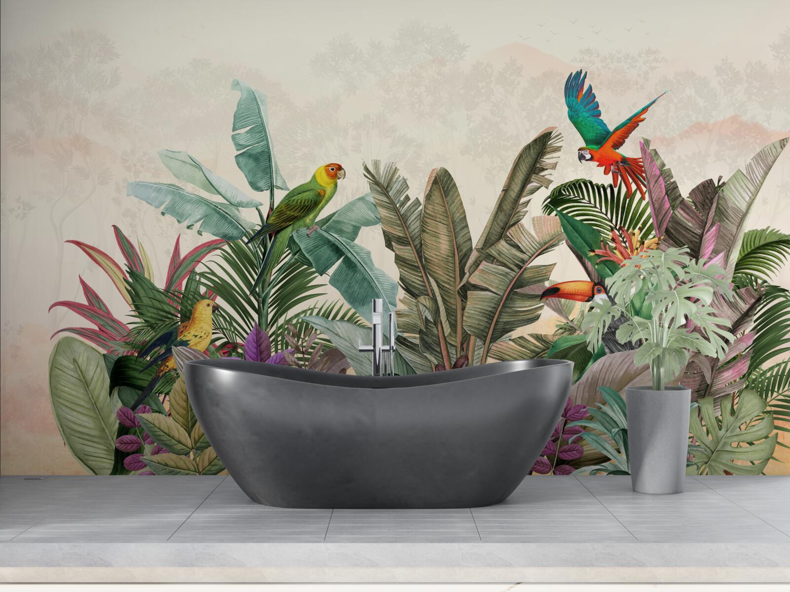 Papier peint feuilles tropicales décorées d'oiseaux