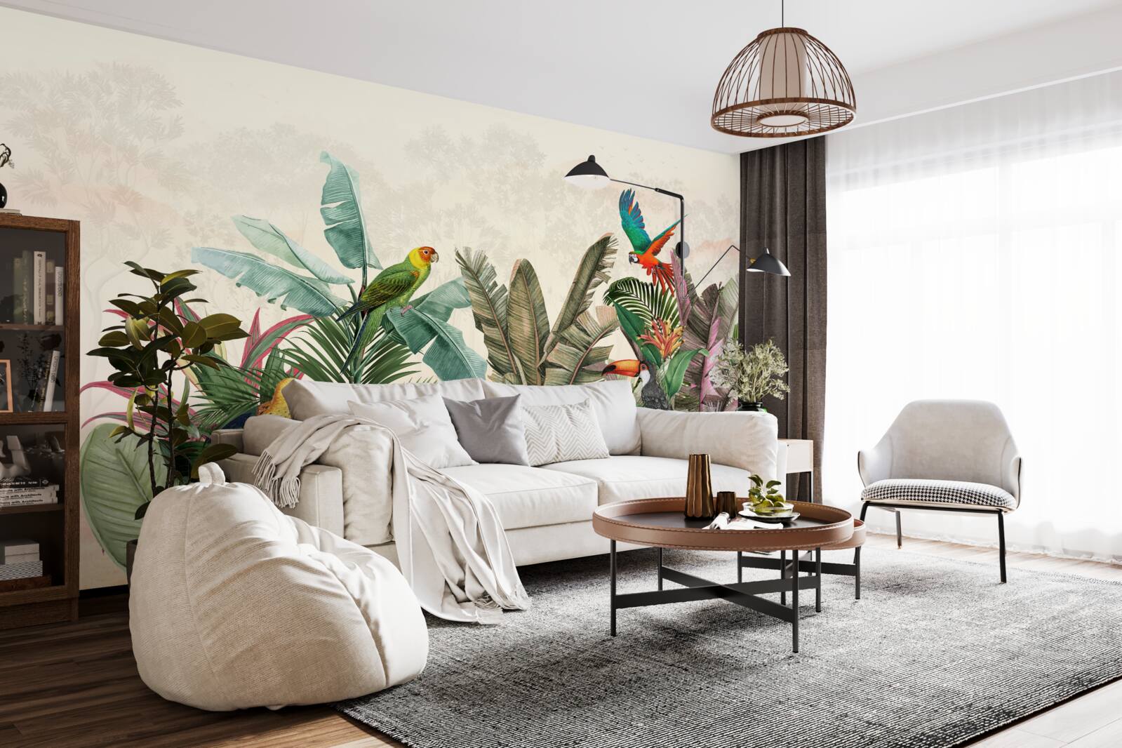 Papier peint feuilles tropicales décorées d'oiseaux