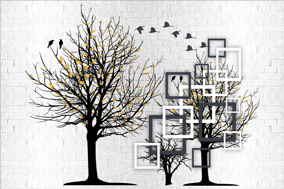 Papier peint abstrait avec arbres et mur de briques