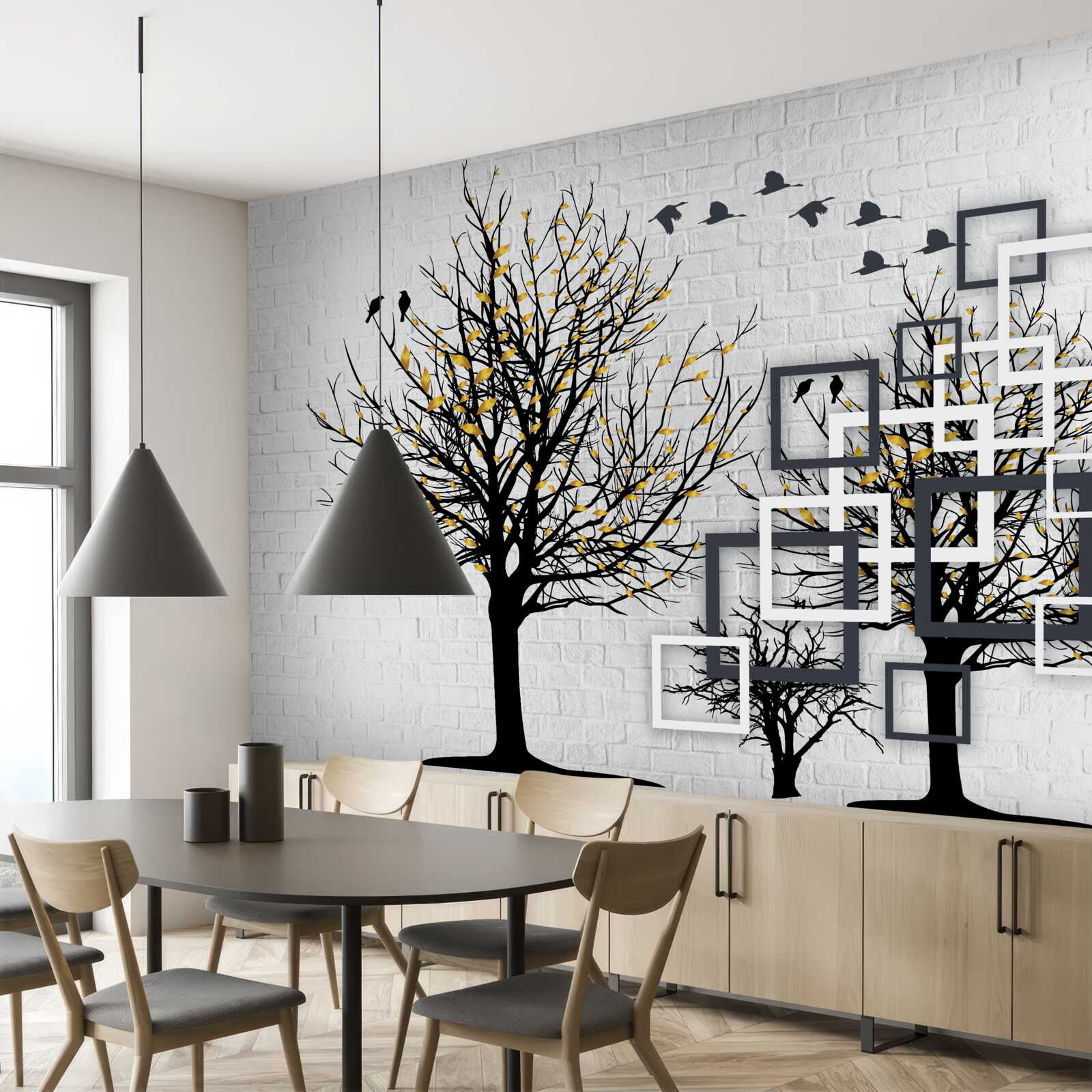 Papier peint abstrait avec arbres et mur de briques