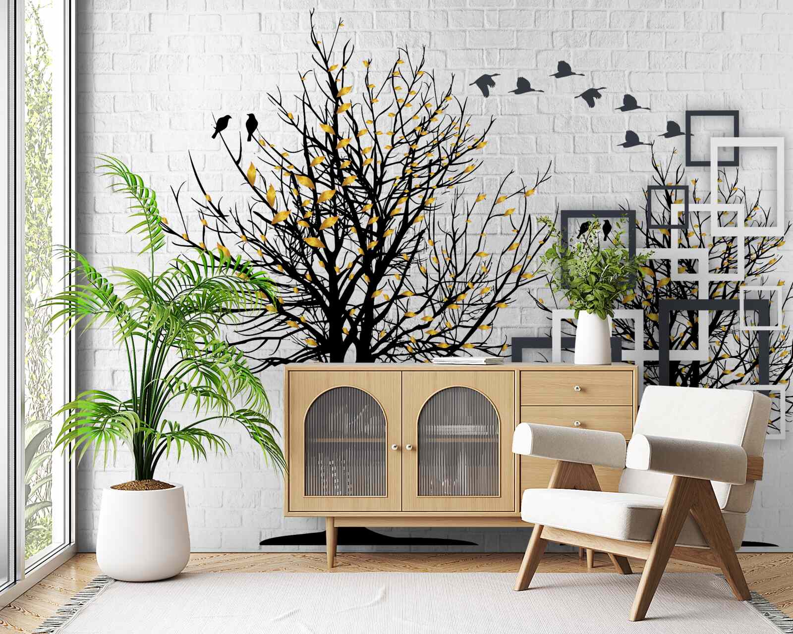 Papier peint abstrait avec arbres et mur de briques