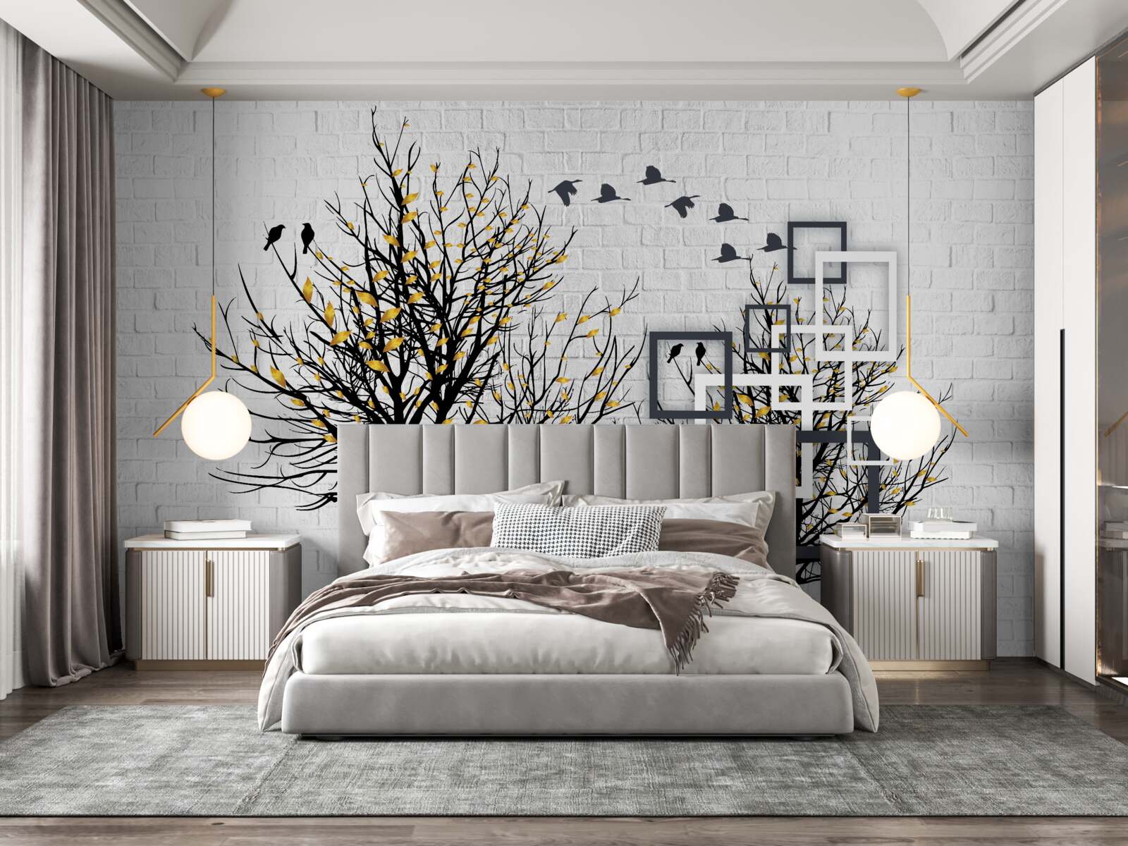 Papier peint abstrait avec arbres et mur de briques