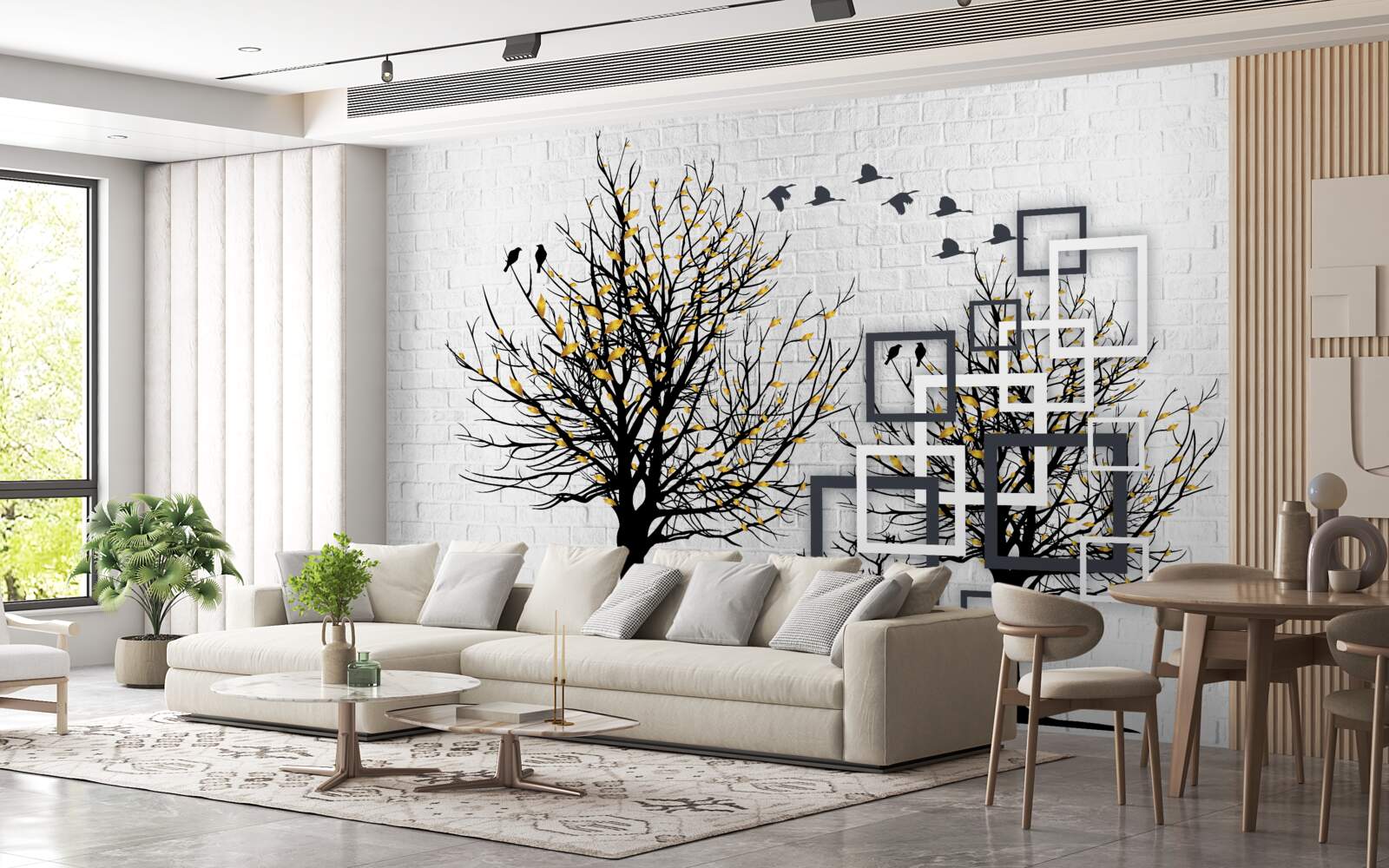 Papier peint abstrait avec arbres et mur de briques