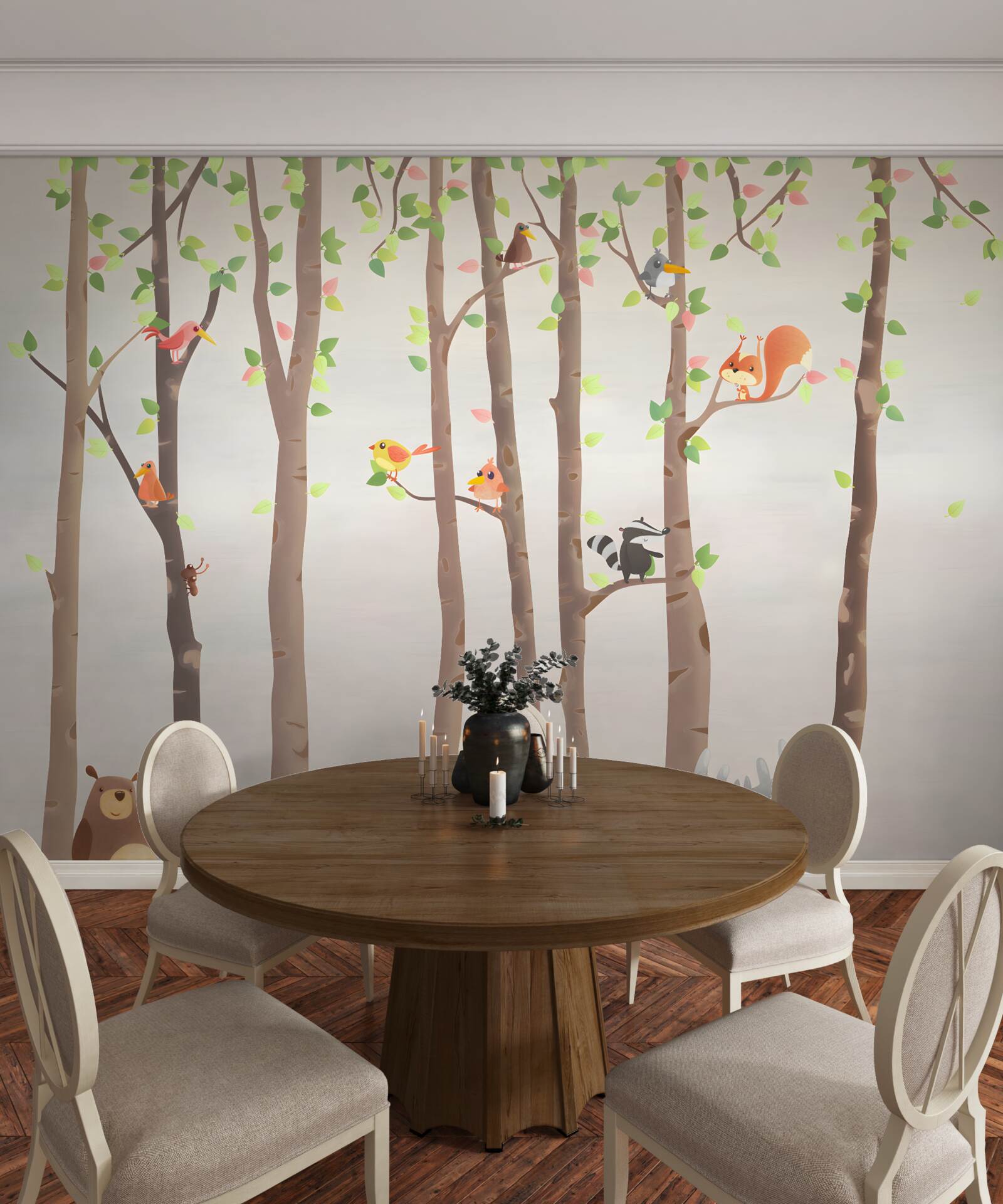 Papier peint de grands arbres avec des habitants de la forêt